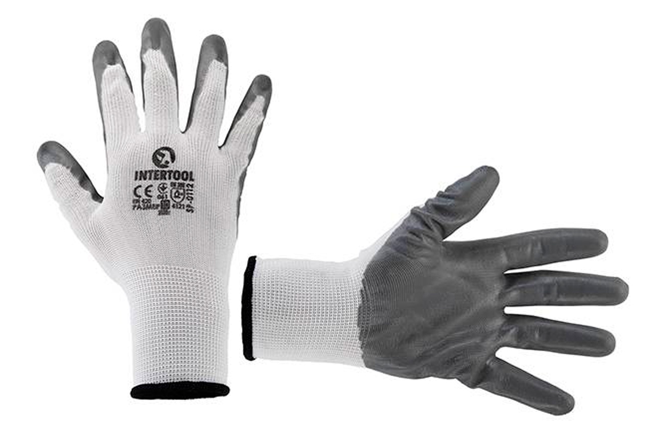 Рукавички Intertool з нітрилові покриттям 10" (біло-сіра) (SP-0112) (12 шт.)