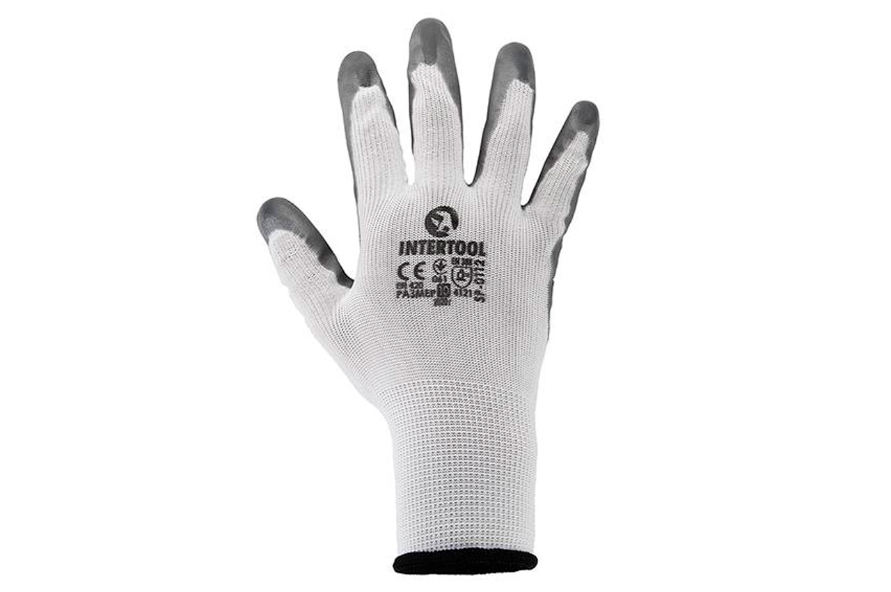 Рукавички Intertool з нітрилові покриттям 10" (біло-сіра) (SP-0112) (12 шт.)