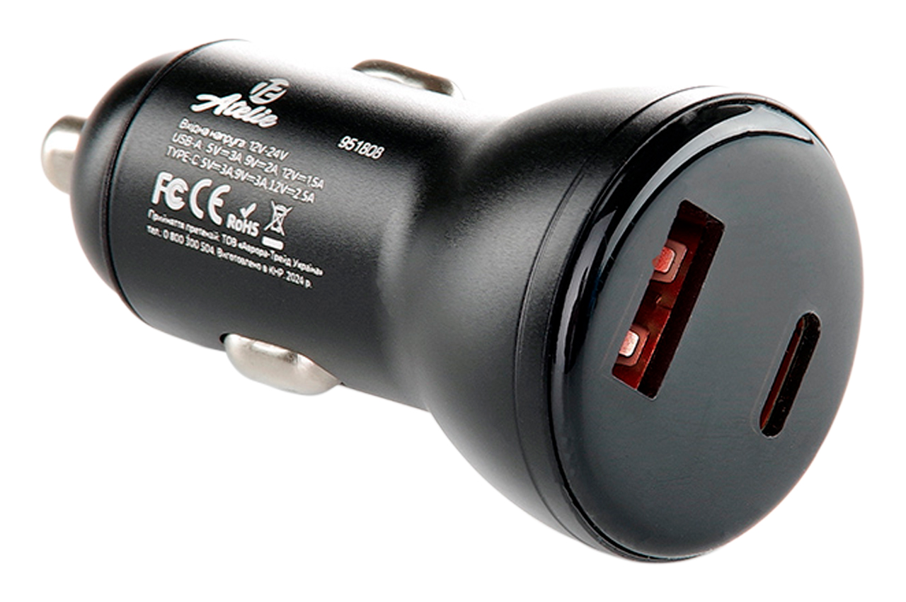 Автомобильное зарядное устройство 12 Atelie USB/Tipe-C x 5V x 3A черный (951808)