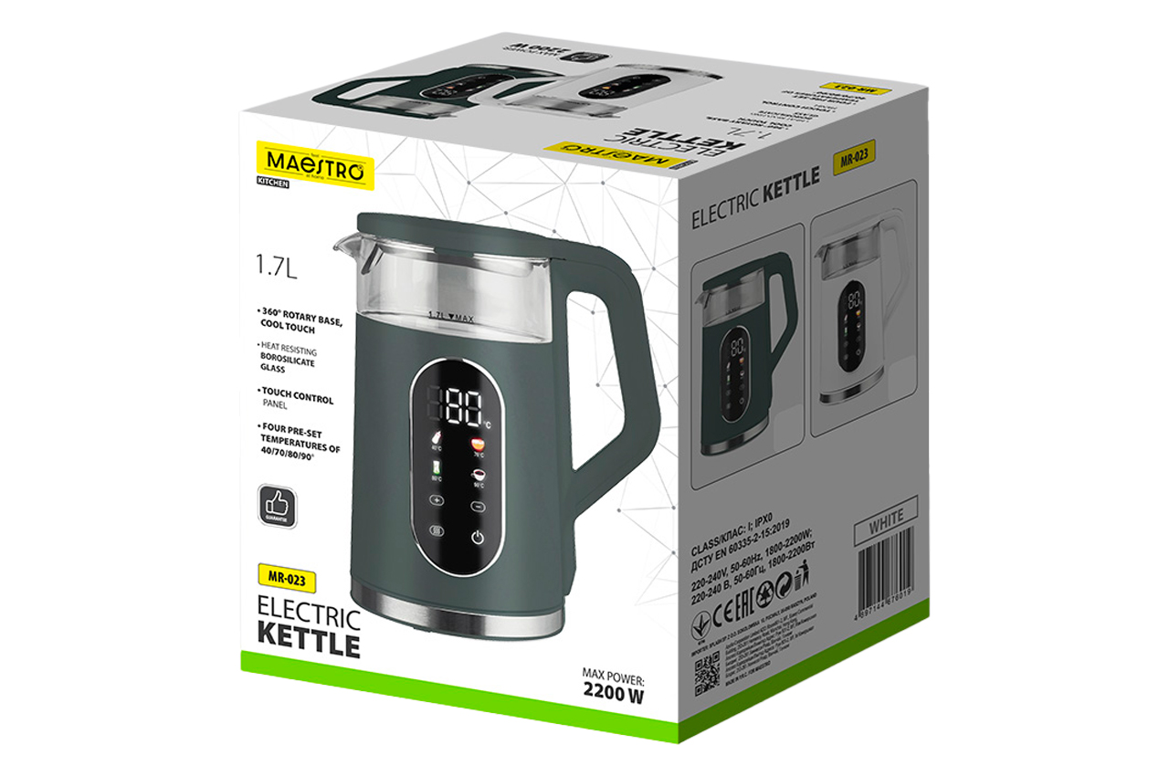 Електрочайник скляний Maestro 1.7л LED зелений (MR-023-GREEN)