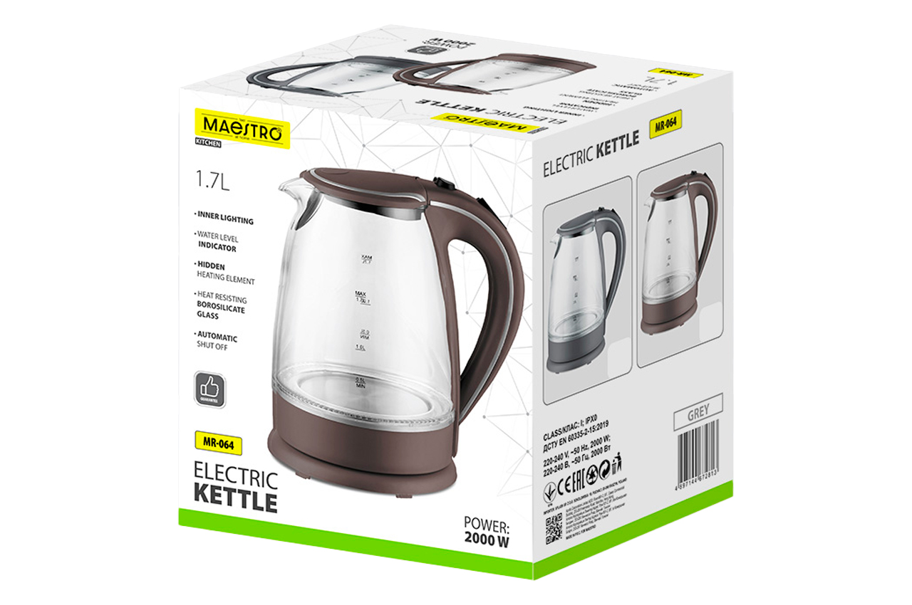 Електрочайник скляний Maestro 1.7л сірий (MR-064-GREY)