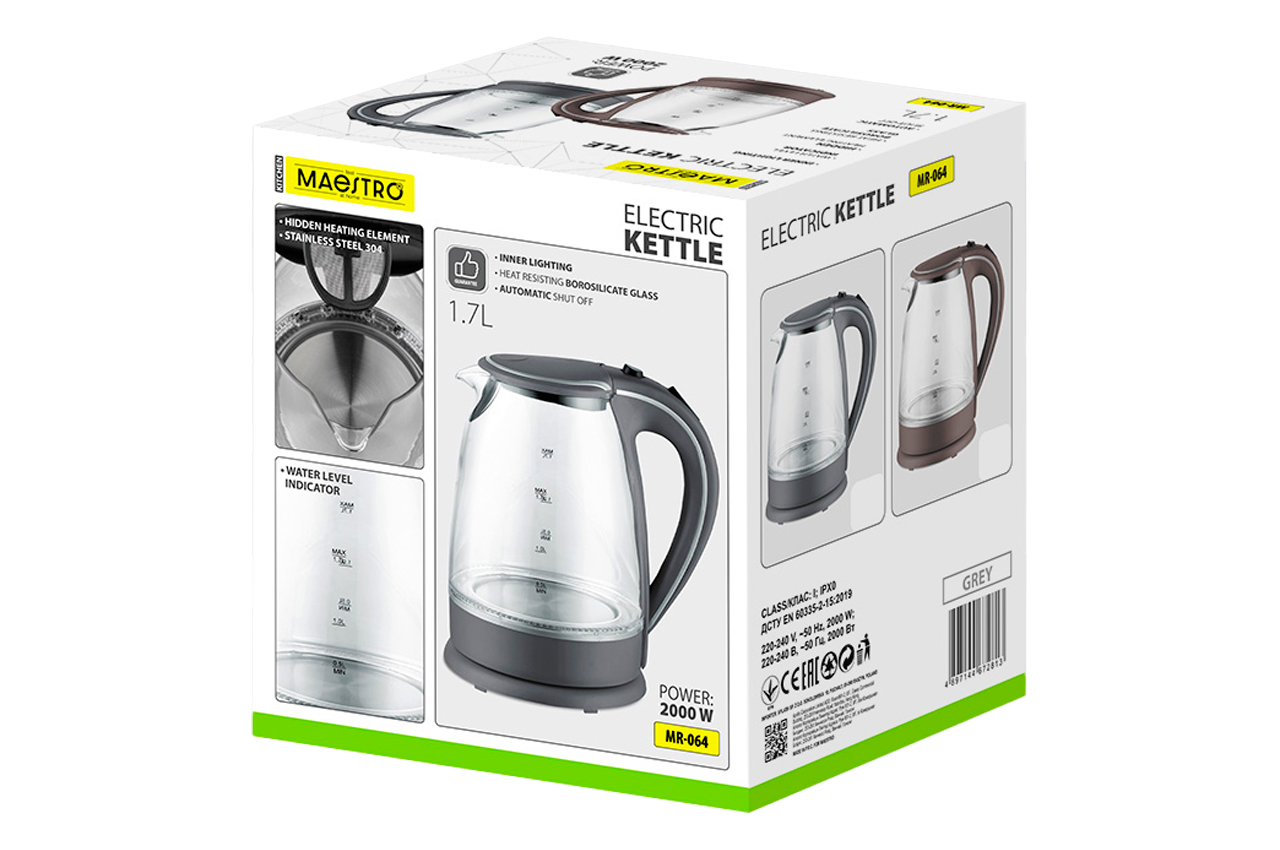 Електрочайник скляний Maestro 1.7л сірий (MR-064-GREY)