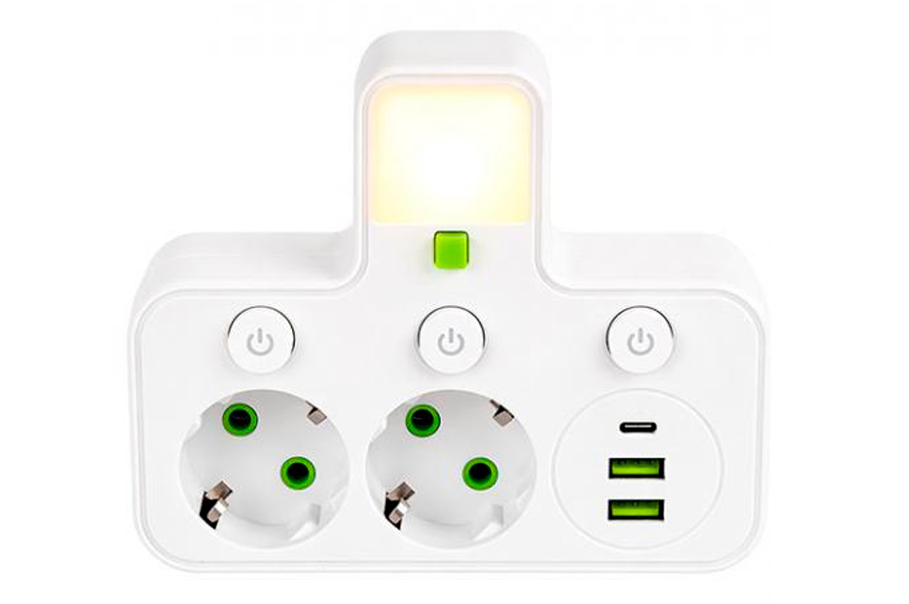 Мережевий розгалужувач на 2 розетки з 2 USB + 1 Type-C з кнопками (125403)