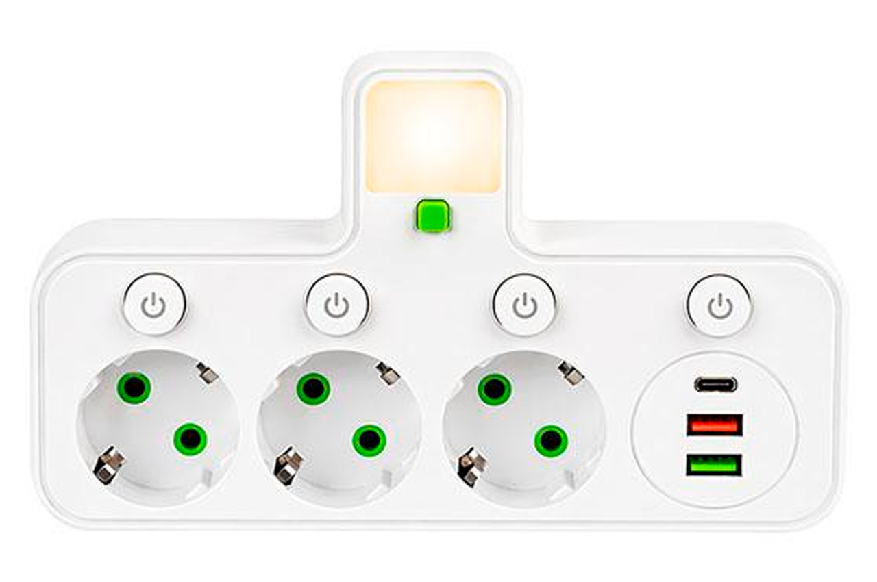 Мережевий розгалужувач на 3 розетки з 2 USB + 1 Type-C з кнопками (125402)
