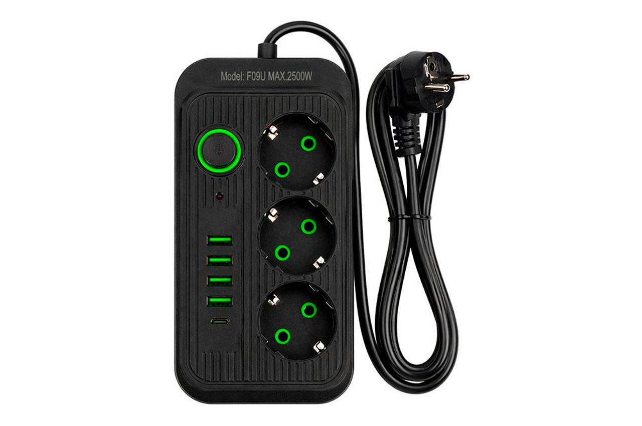 Мережевий фільтр подовжувач на 3 розетки з 4 USB + 1 Type-C із захистом від навантаження -3000мм (125406)