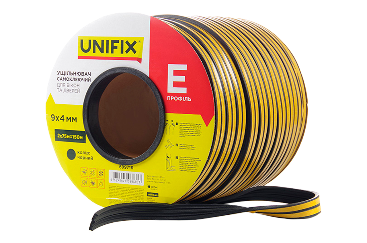 Ущільнювач гумовий Unifix E 9 x 4мм x 150м чорний (699716)