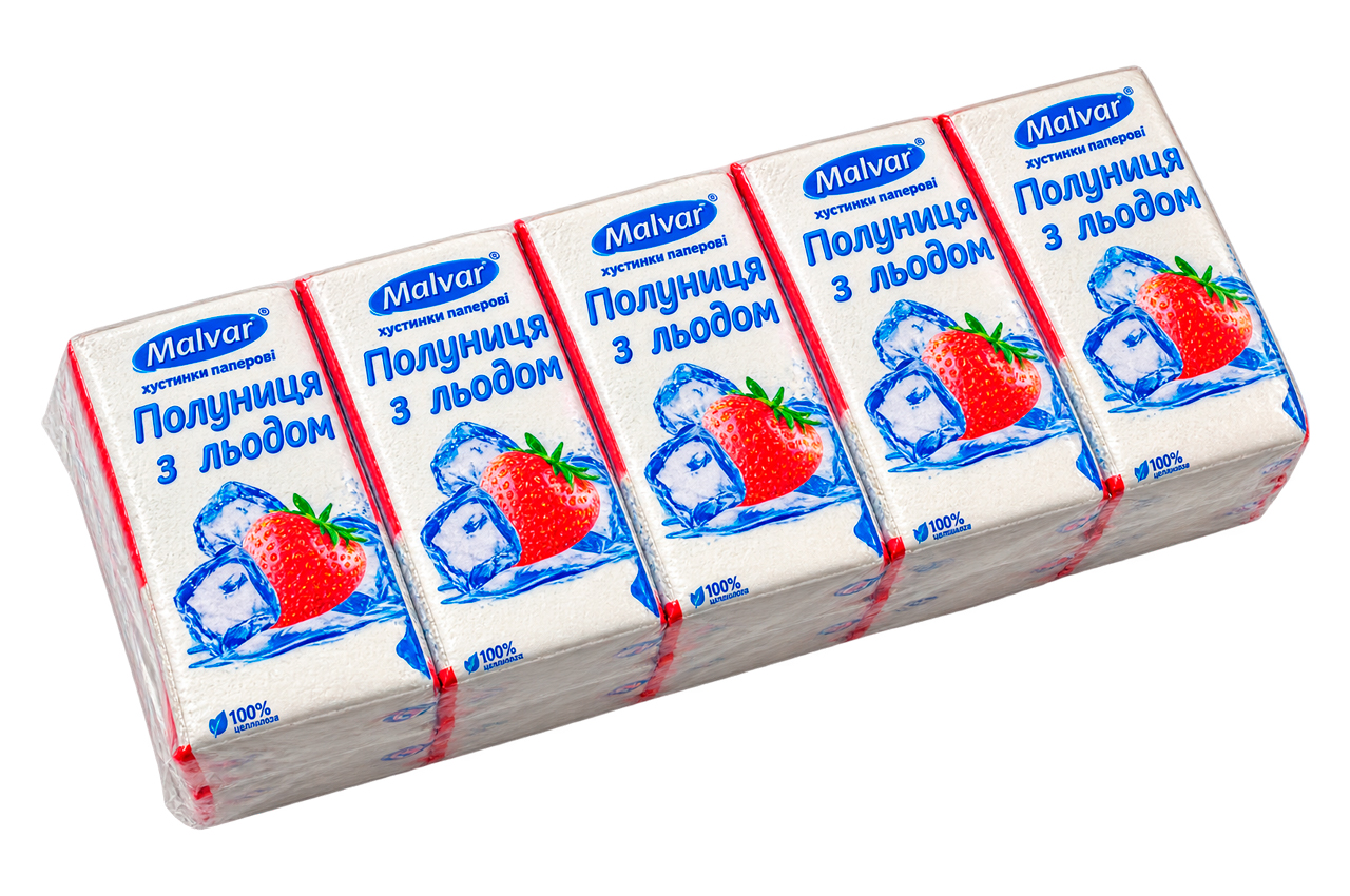 Носова хустка Malvar паперова 3-х шарова "ПОЛУНИЦЯ З ЛЬОДОМ" (10шт) (5160158)